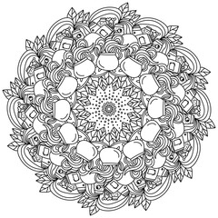 Contour mandala for Halloween, coloring page with festive and magical symbols