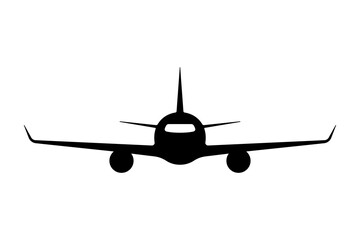Fototapeta na wymiar Airplane icon. Passenger airliner. Black silhouette. Front view. Vector simple flat graphic illustration. The isolated object on a white background. Isolate.