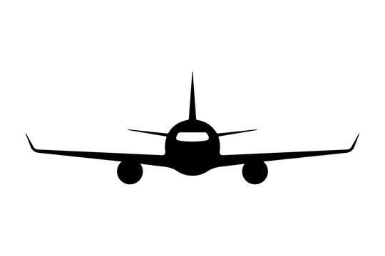 Airplane icon. Passenger airliner. Black silhouette. Front view. Vector simple flat graphic illustration. The isolated object on a white background. Isolate.