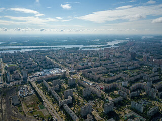 Dnieper River on the outskirts of Kiev. Aerial drone view.