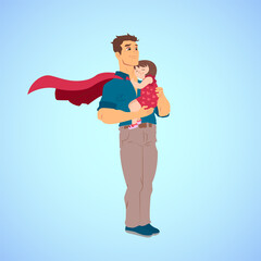 Young super Dad. Fathers day card in blue background. Fathers love