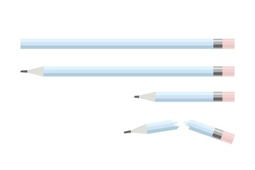 Set of wooden graphite pencils with eraser. Long, short and broken pencil. Stationery isolated on white background. Office stationery tool collection. Flat vector illustration