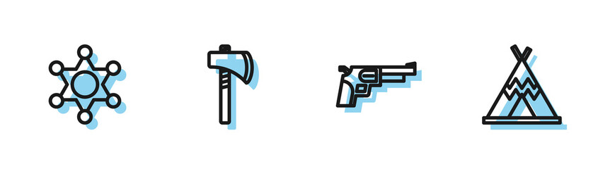 Set line Revolver gun, Hexagram sheriff, Tomahawk axe and Indian teepee or wigwam icon. Vector © Oksana