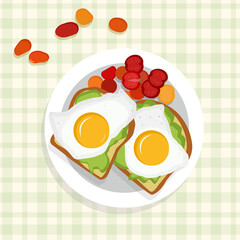 Breakfast concept. Appetizing delicious breakfast of  fried egg with avocado, and tomato. Vector illustration flat design. Isolated on background checkered tablecloth
