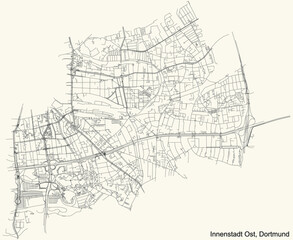 Black simple detailed street roads map on vintage beige background of the quarter Stadtbezirk Innenstadt-Ost district of Dortmund, Germany