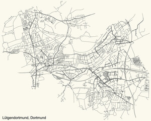 Black simple detailed street roads map on vintage beige background of the quarter Stadtbezirk Lütgendortmund district of Dortmund, Germany