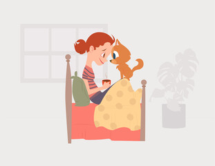 Cat lover. Girl in bed with her cat. Girl drinking coffee in bed