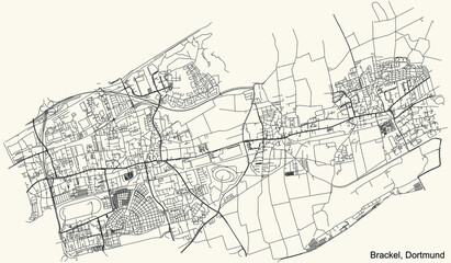 Black simple detailed street roads map on vintage beige background of the quarter Stadtbezirk Brackel district of Dortmund, Germany