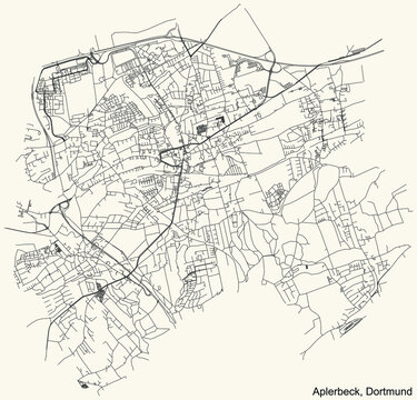 Black simple detailed street roads map on vintage beige background of the quarter Stadtbezirk Aplerbeck district of Dortmund, Germany