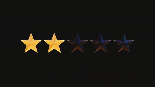 Five golden stars review sequence. Rate from 1 to 5 with half star increments. Perfect for any product classification. Isolated 3d animation with alpha channel mask in prores 4444
