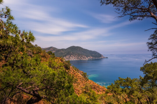 Picturesque landscape of Maden Bay near Cirali from lycian trail, Kemer, Antalya. May 2021, long exposure picture