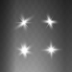 White glowing light explodes on a transparent background. Sparkling magical dust particles. Bright Star. Transparent shining sun, bright flash. Vector sparkles. To center a bright flash