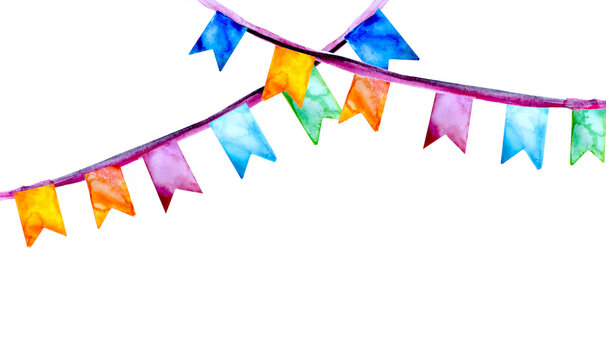 Decorative garland pennant to party and celebrate a birthday. Multicolor paint watercolor illustration with white background.Colorful pennants rainbow flag party celebrating DECORATION