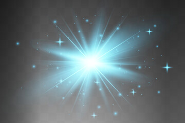 Blue glowing light explodes on a transparent background. Sparkling magical dust particles. Bright Star. Transparent shining sun, bright flash. Vector sparkles. To center a bright flash