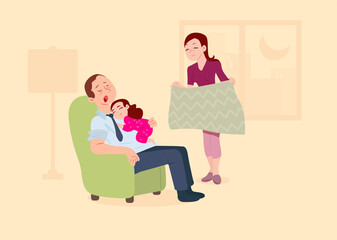 Father hugging his daughter in a green chair