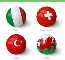 Balls with  Italy Switzerland Turkey Wales flags isolated on white background.