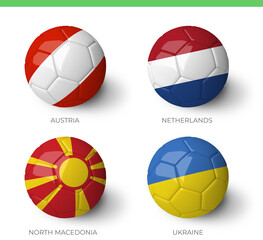 Balls with Austria Netherlands North Macedonia Ukraine flags isolated on white background.