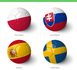 Balls with  Poland Slovakia Spain Sweden flags isolated on white background.