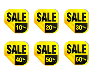 Sale yellow stickers icon set. Sale 10%, 20%, 30%, 40%, 50%, 60% off. Vector illustration