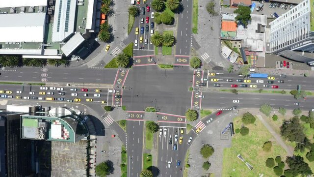 Aerial top view of a large crossing of two main streets in a large city in South America