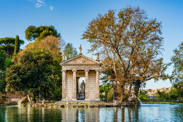 Temple of Aesculapius on the grounds of the gardens of Villa Borghese, built in the ionic style between 1785 and 1792 by Antonio Asprucci and son Mario Asprucci in Rome, Lazio, Italy