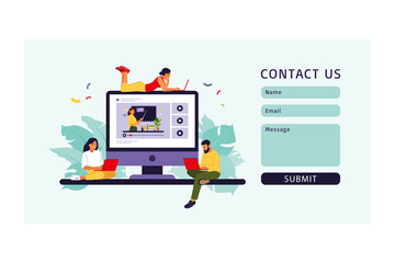 Young people studying in online school. Contact us form for web. Vector illustration. Flat style
