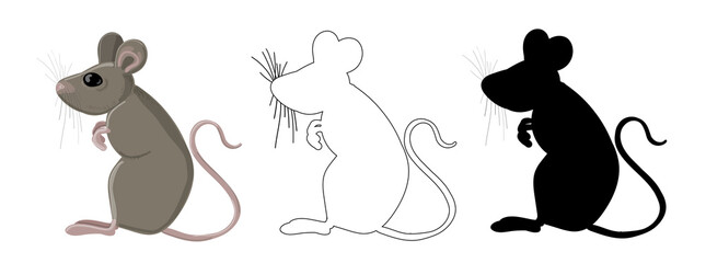 A set of three field mice. Drawn gray mouse in cartoon style, black silhouette and mouse in outline style. Stock vector illustration isolated on white background.