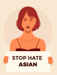 portrait of an asian woman holding a banner that has a text that says, stop hate asian.