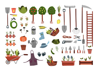 Garden tools set in hand-drawn style. Collection of objects and elements connected to gardening and farming. Isolated vector clip art illustration © Olena