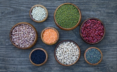 Mix of different leguminous. Flat lay of various sources of vegetable protein: beans, lentils, peas, chickpeas, mung bean in bowls. Top view. Copy space.