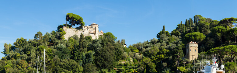 Fototapeta na wymiar Panoramic view of Castello Brown in Portofino, Genoa, Italy