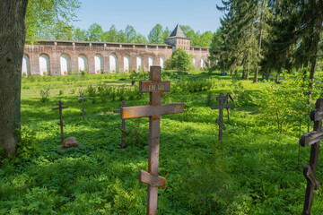 Orthodox crosses at the cemetery in the Borisoglebsky Monastery, Yaroslavl region, Russia.