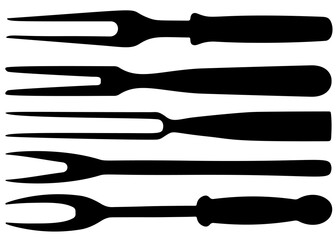 Large forks for serving meat in a set. Vector image.