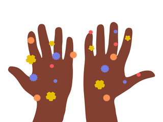 Dirty hands illustration. Hands palms full with bacteria and viruses. African american ethnicity. Hygiene awarness icon. Vector.