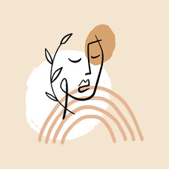 Line modern minimalist woman face art design print.