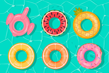 Swim rings set. Inflatable rubber toy. Swimming circles with different textures and shapes. Flat vector illustration isolated on sea background.
