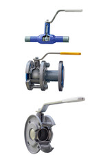 three modern, manually operated shut-off valves isolated on a white background. Transverse section