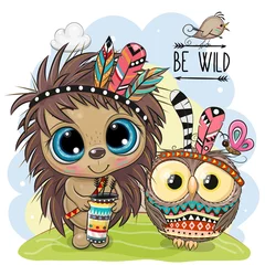 Stickers muraux Chambre d enfant Hérisson tribal de dessin animé et hibou avec plume