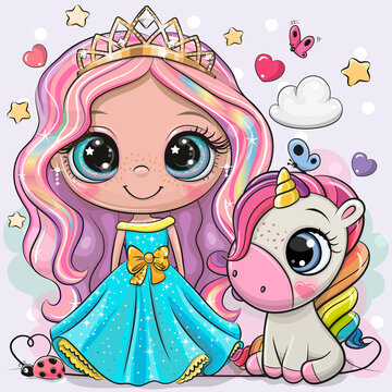 Cute Cartoon fairy tale Princess and Unicorn