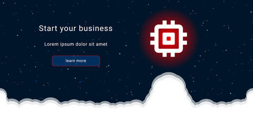 Business startup concept Landing page screen. The chip symbol on the right is highlighted in bright red. Vector illustration on dark blue background with stars and curly clouds from below