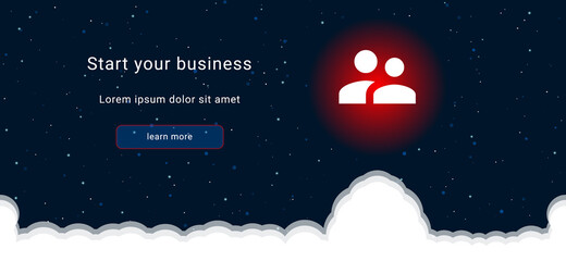 Business startup concept Landing page screen. The group symbol on the right is highlighted in bright red. Vector illustration on dark blue background with stars and curly clouds from below