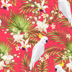 Tropical pattern with hibiscus, palm leaves. Summer vector background for fabric, cover,print design.