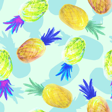 Pineapple hand-painted, all over textile pattern, vintige style. Seamless background. Summer time.
