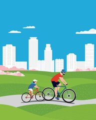 Dad and Son ride bicycles in city park vector. Father, baby kid cute cartoon illustration. Family active sport cycling leisure activity. Parent, child together summer outdoor bicycling background