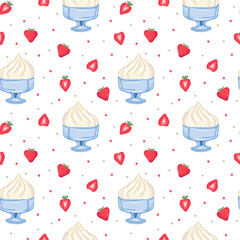 Seamless pattern of whipped cream in a glass vase with slices of strawberries.