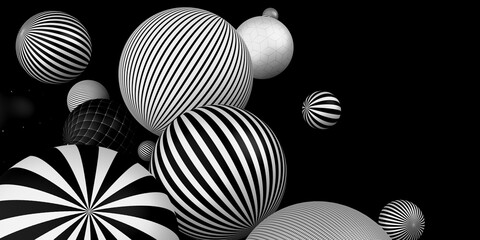 many decorative balls Horizontal stripes black and white 3D illustration