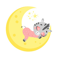 Vector illustration of a cute cartoon zebra sleeping on the moon. Baby animals are sleeping.
