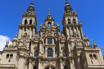 Fototapeta na wymiar Top of the facade of the cathedral of santiago de compostela, in the plaza del Obradoiro. Galicia. Spain.