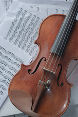 Fototapeta premium Close up detail on violin body, bow and music notes background. Classic instrument with copy space area 