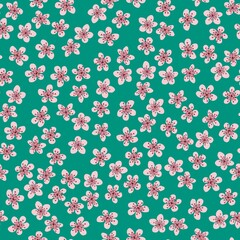 Seamless pattern with blossoming Japanese cherry sakura for fabric, packaging, wallpaper, textile decor, design, invitations, print, gift wrap, manufacturing. Pink flowers on sea green background.